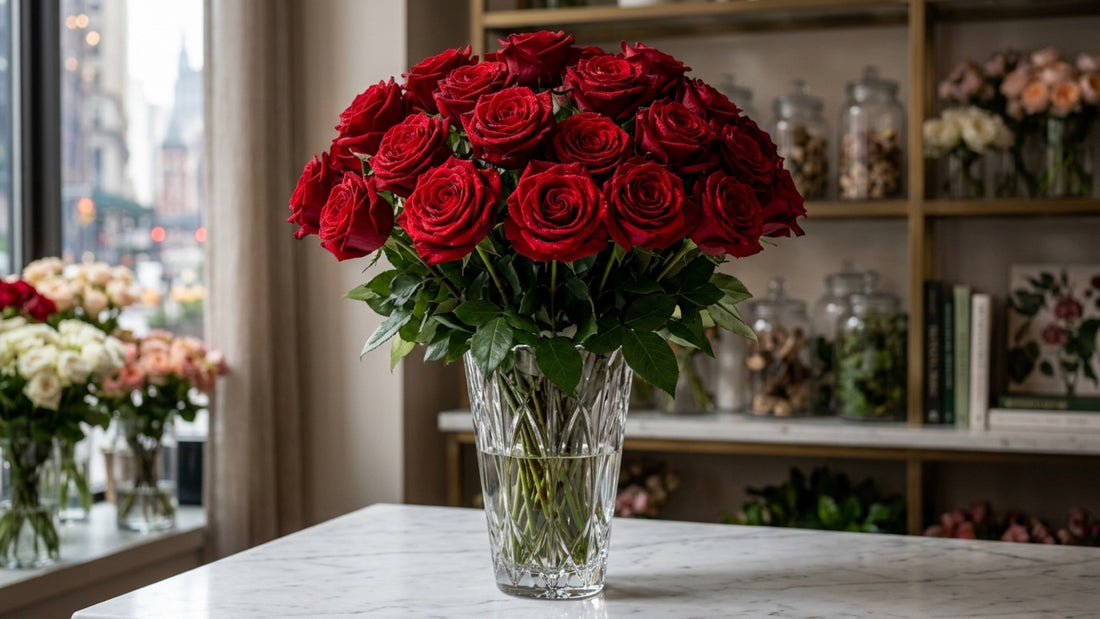 Premium red Freedom roses in crystal vase — TJ Flowers NYC