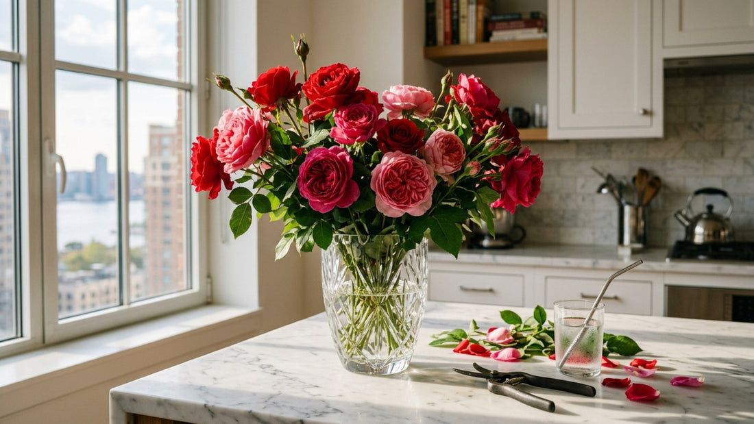 Fresh roses in crystal vase with care tools — TJ Flowers NYC