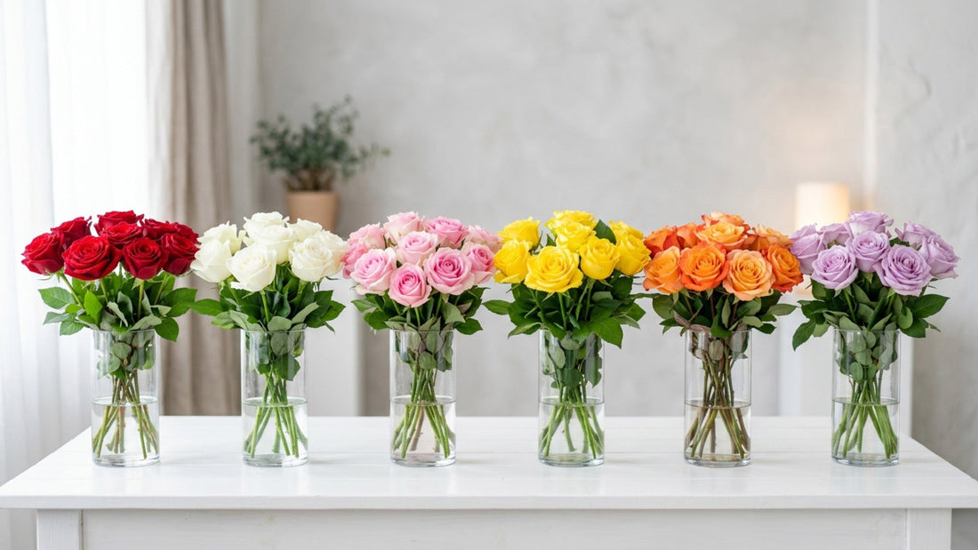 Roses in different colors in individual glass vases