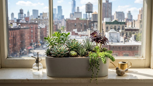 Succulent arrangement on NYC apartment windowsill — TJ Flowers NYC