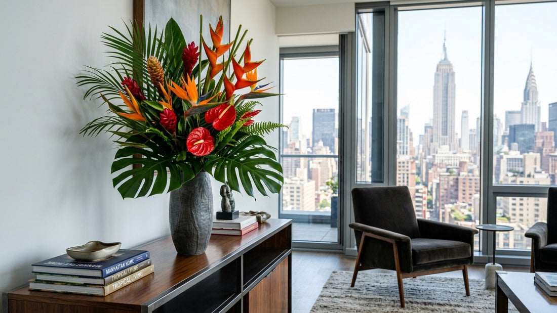 Tropical birds of paradise and anthurium arrangement — TJ Flowers NYC