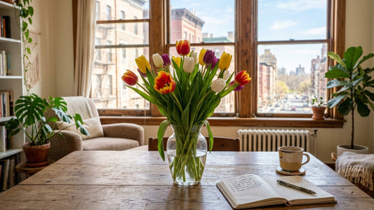 Colorful tulips standing tall in clear glass vase — TJ Flowers NYC