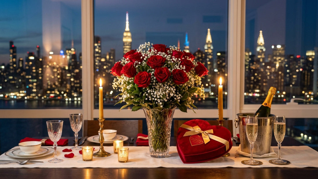 Red rose Valentine bouquet with chocolates in NYC apartment — TJ Flowers NYC