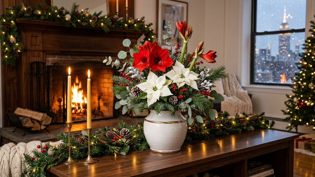 Winter holiday amaryllis and poinsettia arrangement — TJ Flowers NYC