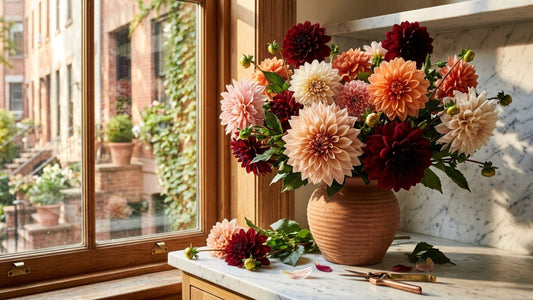 Dinner-plate dahlias in a terracotta vase — dahlia season NYC