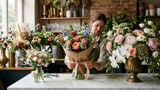 Three bouquet sizes on a florist counter — how much to spend on flowers guide