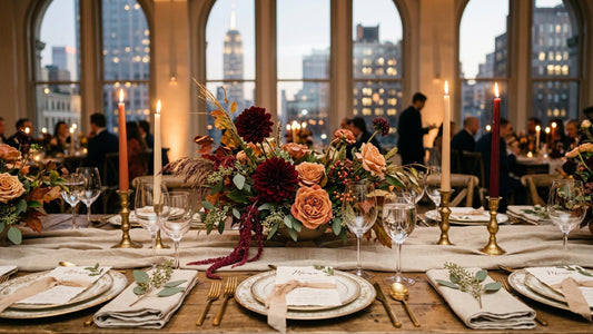 September wedding tablescape with dahlias at a Manhattan venue