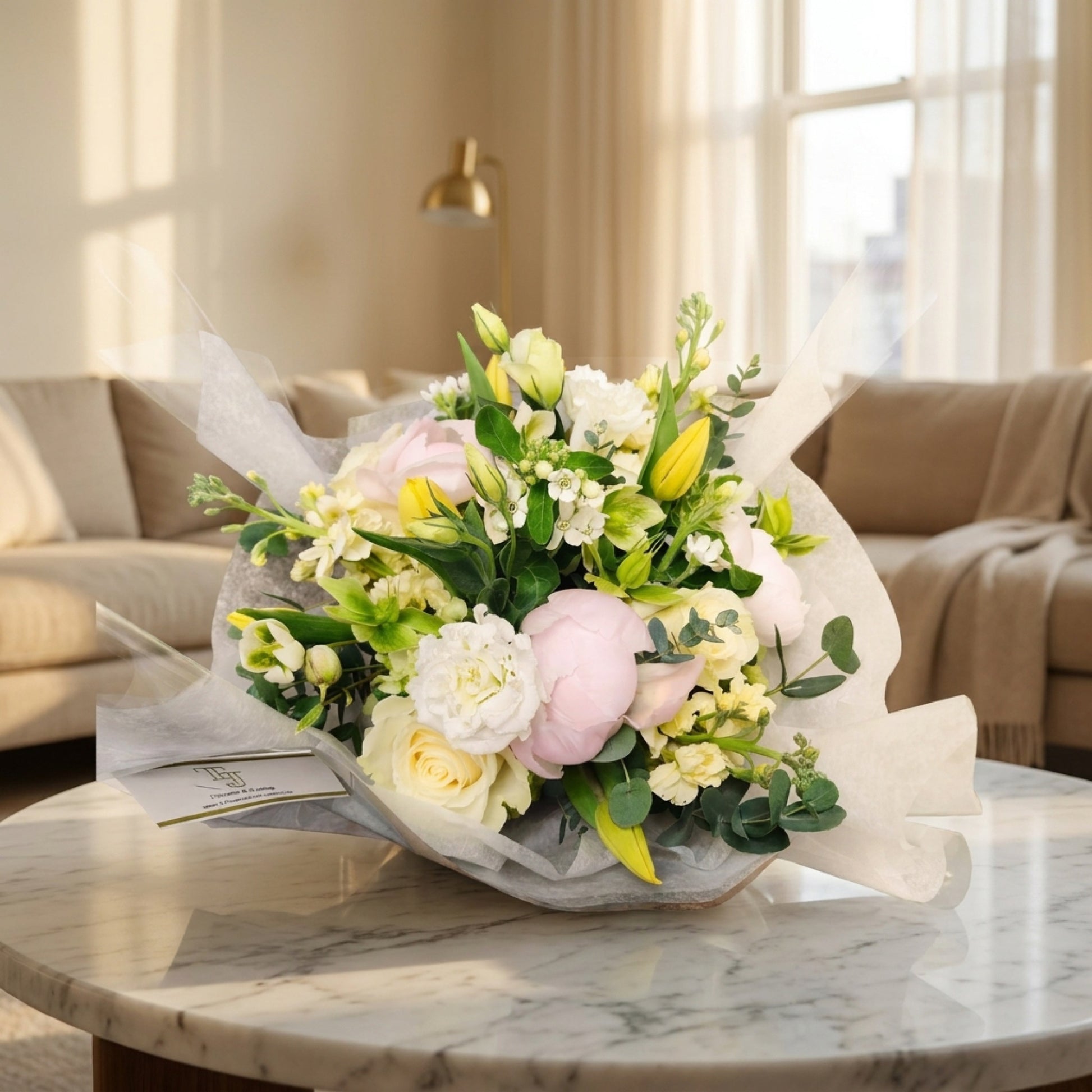 A beautiful pastel wrapped bouquet with pink peonies, yellow tulips, and white roses on a marble table - TJ Flowers NYC