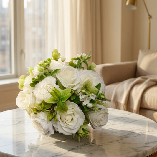 White ranunculus arrangement with fresh green accents on marble table, soft lighting - TJ Flowers NYC
