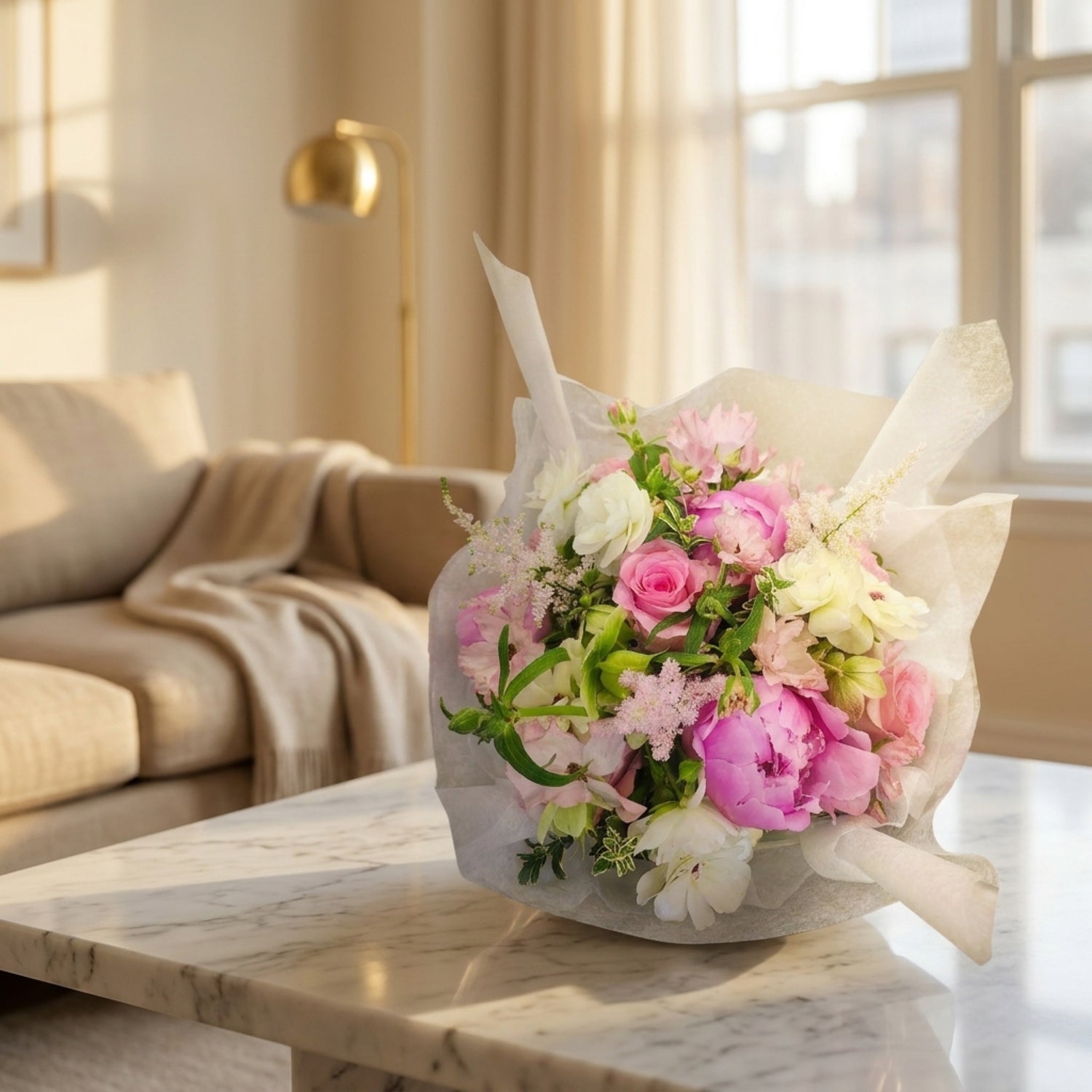 Soft pink and white peony, rose, and ranunculus bouquet wrapped in delicate paper for special occasions. - TJ Flowers NYC