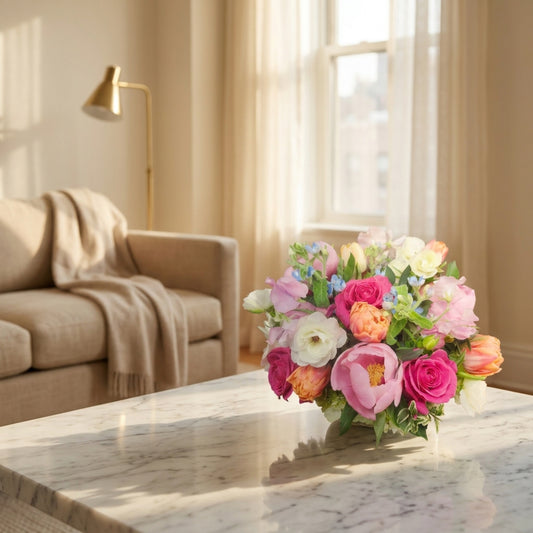 Lush bouquet with pink peonies, fuchsia roses, orange tulips, and white ranunculus in a glass vase. - TJ Flowers NYC