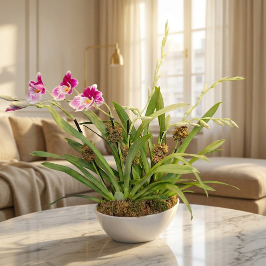 Vibrant pink and white orchid arrangement with lush green foliage in a white ceramic bowl, elegant home decor - TJ Flowers NYC