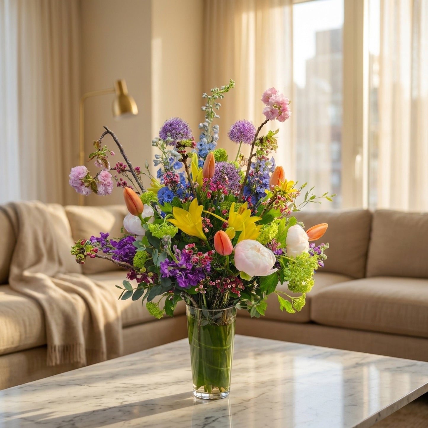 Vibrant mixed bouquet in a glass vase featuring yellow lilies, pink peonies, orange tulips, and purple blooms - TJ Flowers NYC