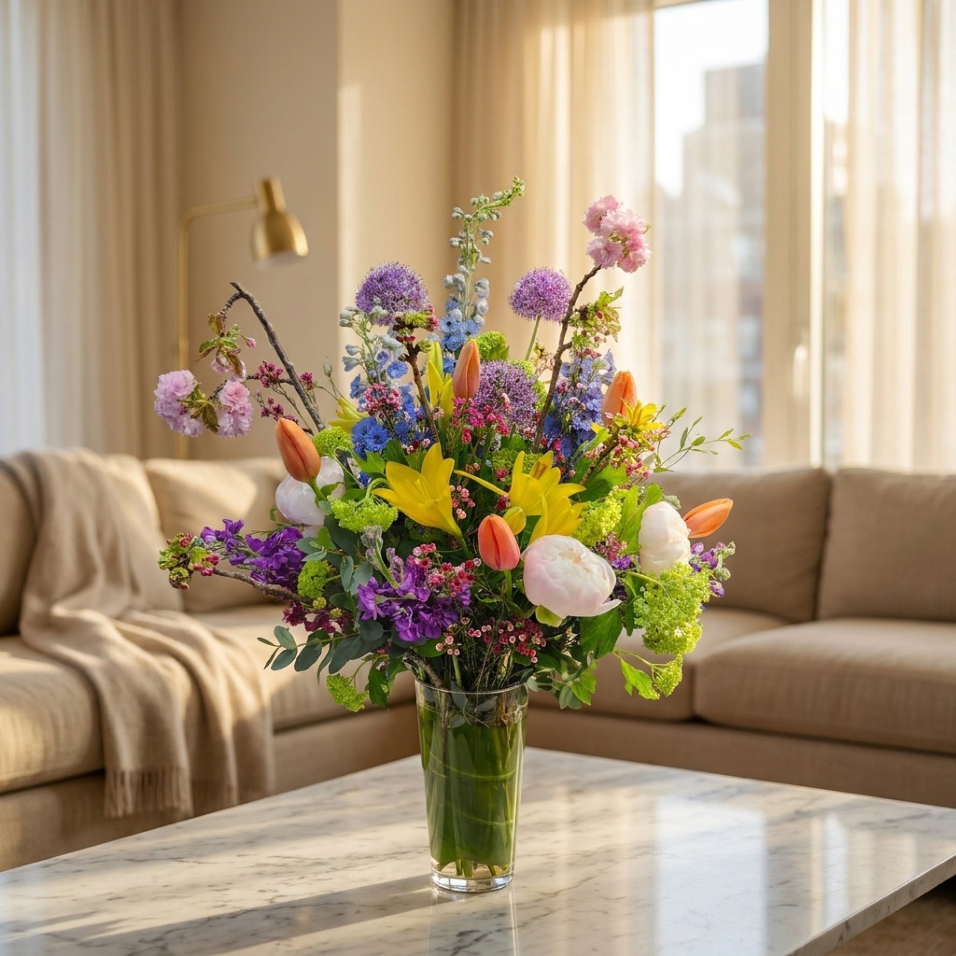Vibrant mixed bouquet in a glass vase featuring yellow lilies, pink peonies, orange tulips, and purple blooms - TJ Flowers NYC