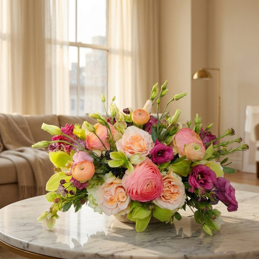 Vibrant floral arrangement with pink ranunculus, peach garden roses, and green orchids in a ceramic vase - TJ Flowers NYC