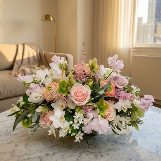 Lush pastel floral arrangement with pink roses, ranunculus, white orchids, and sweet peas in a low vase - TJ Flowers NYC