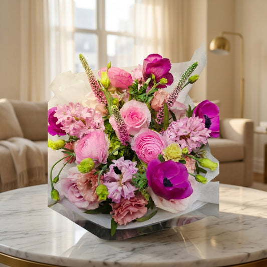 Vibrant pink and fuchsia bouquet featuring roses, ranunculus, and anemones, wrapped in white paper. - TJ Flowers NYC