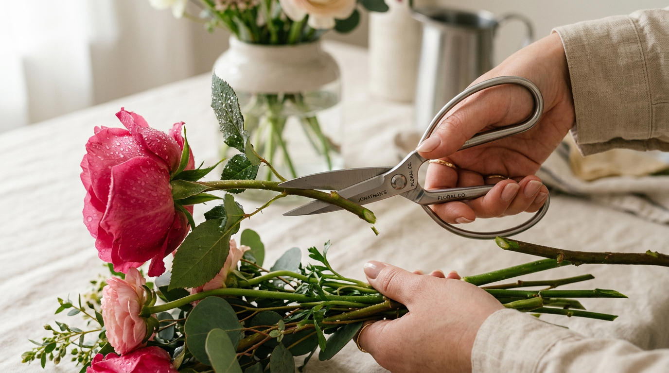 TJ Flowers & Events NYC guide: Trimming a pink rose stem with floral shears.