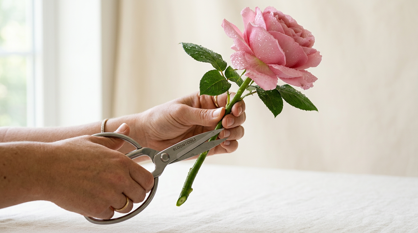 TJ Flowers & Events NYC guide: Trimming a pink rose stem with shears.