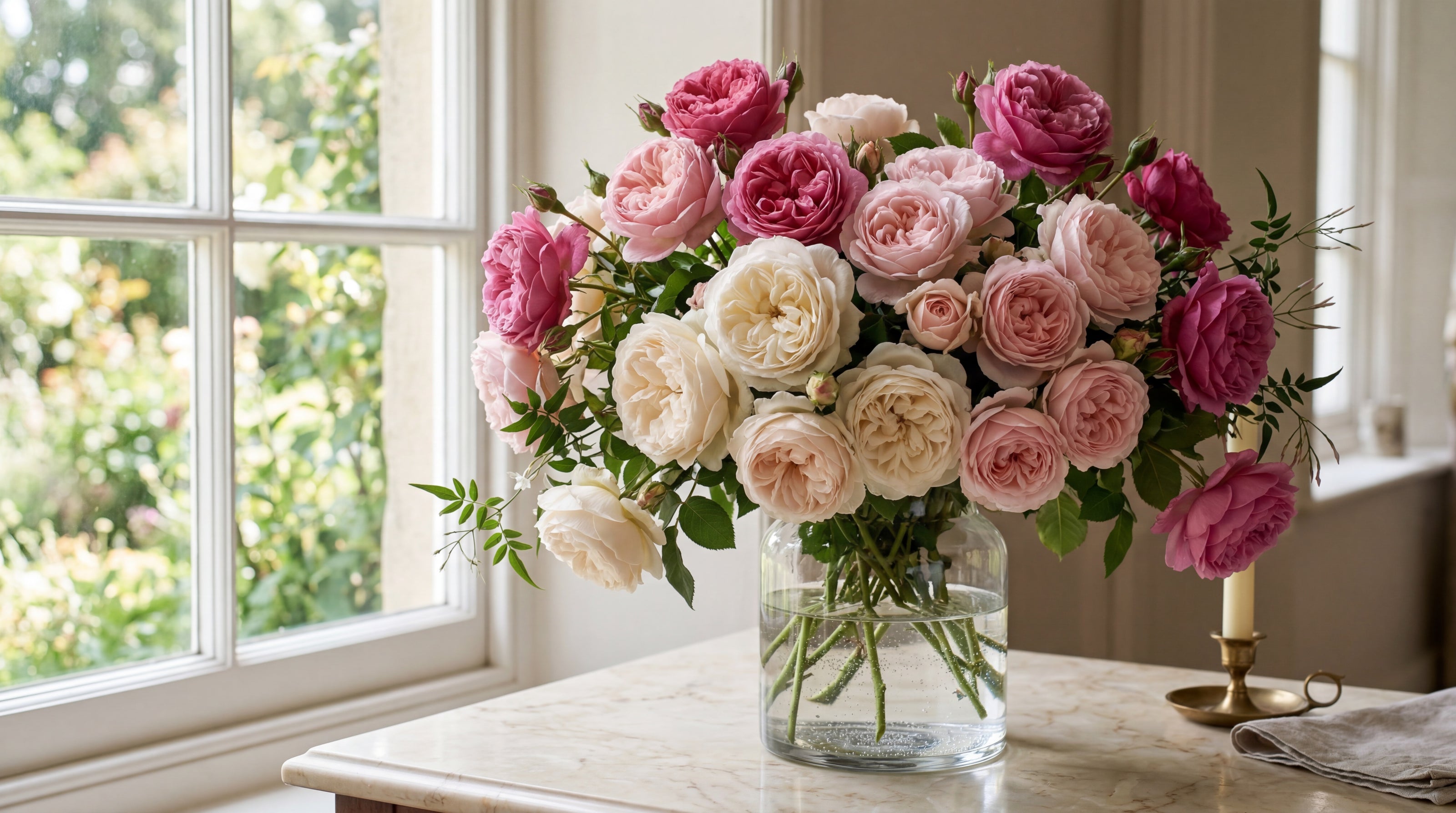 Luxury garden rose bouquet in pink and cream by TJ Flowers NYC.