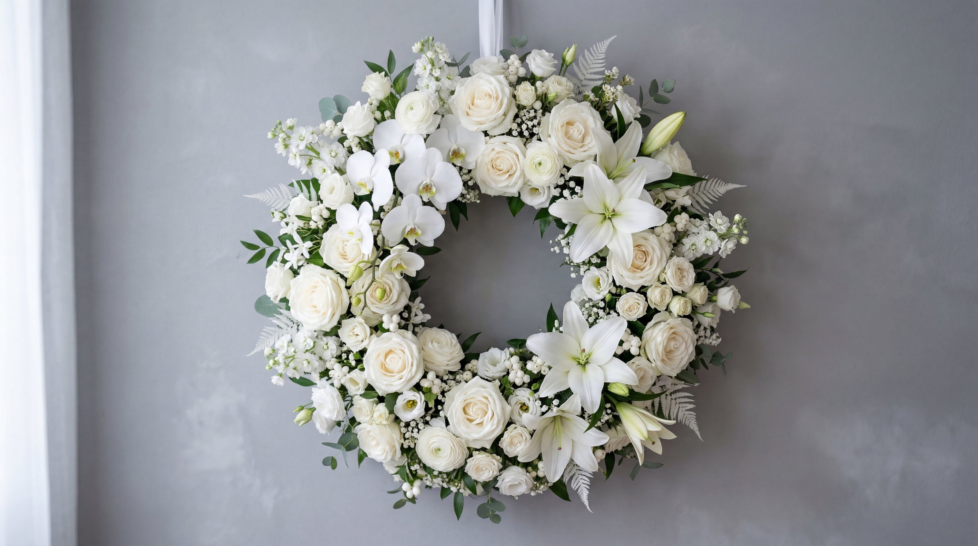 Elegant white rose and lily floral wreath for weddings and events by TJ Flowers NYC.