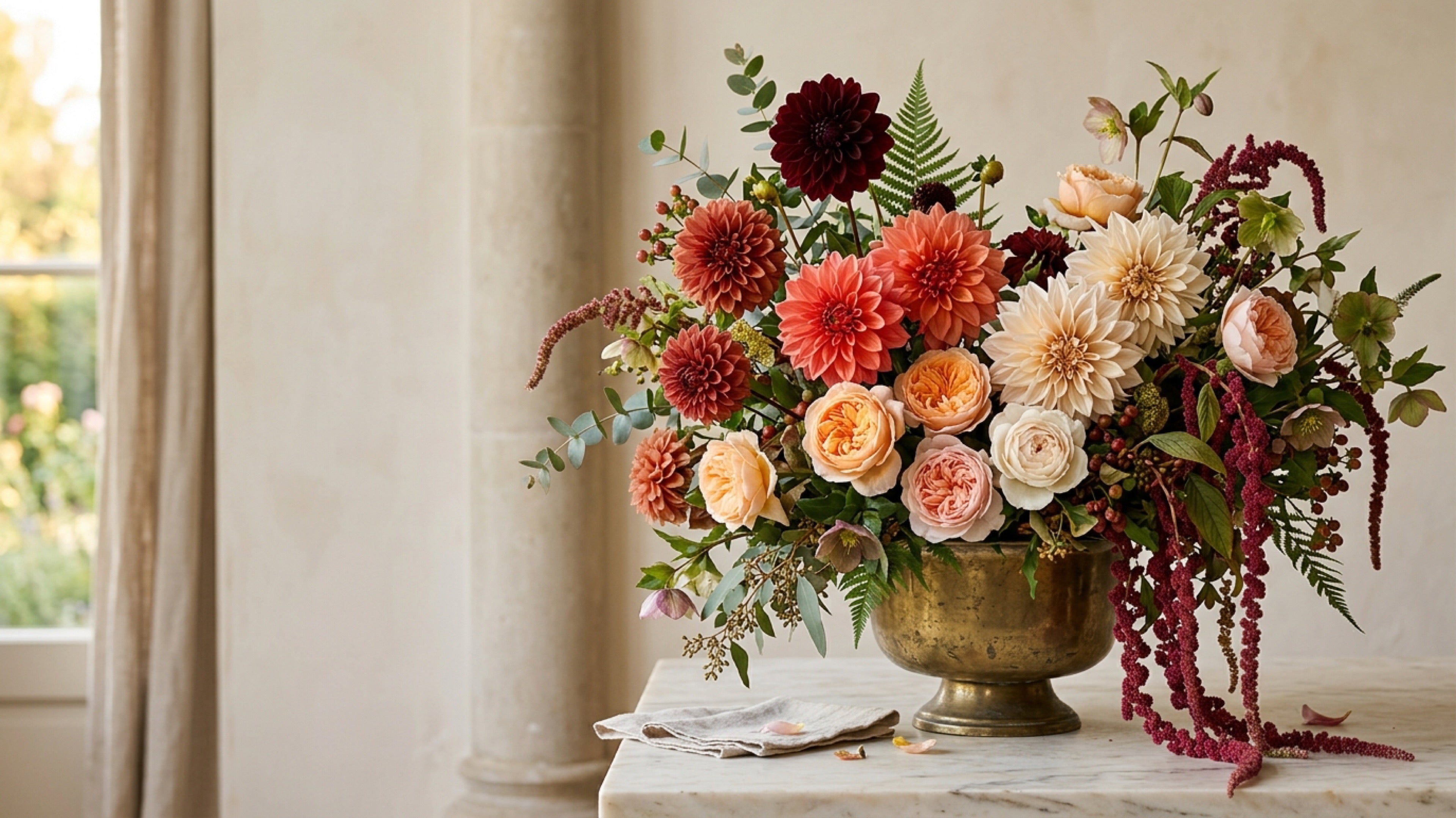 Dahlia season arrangement — burgundy and coral dinner-plate dahlias with garden roses in a brass vessel, TJ Flowers NYC