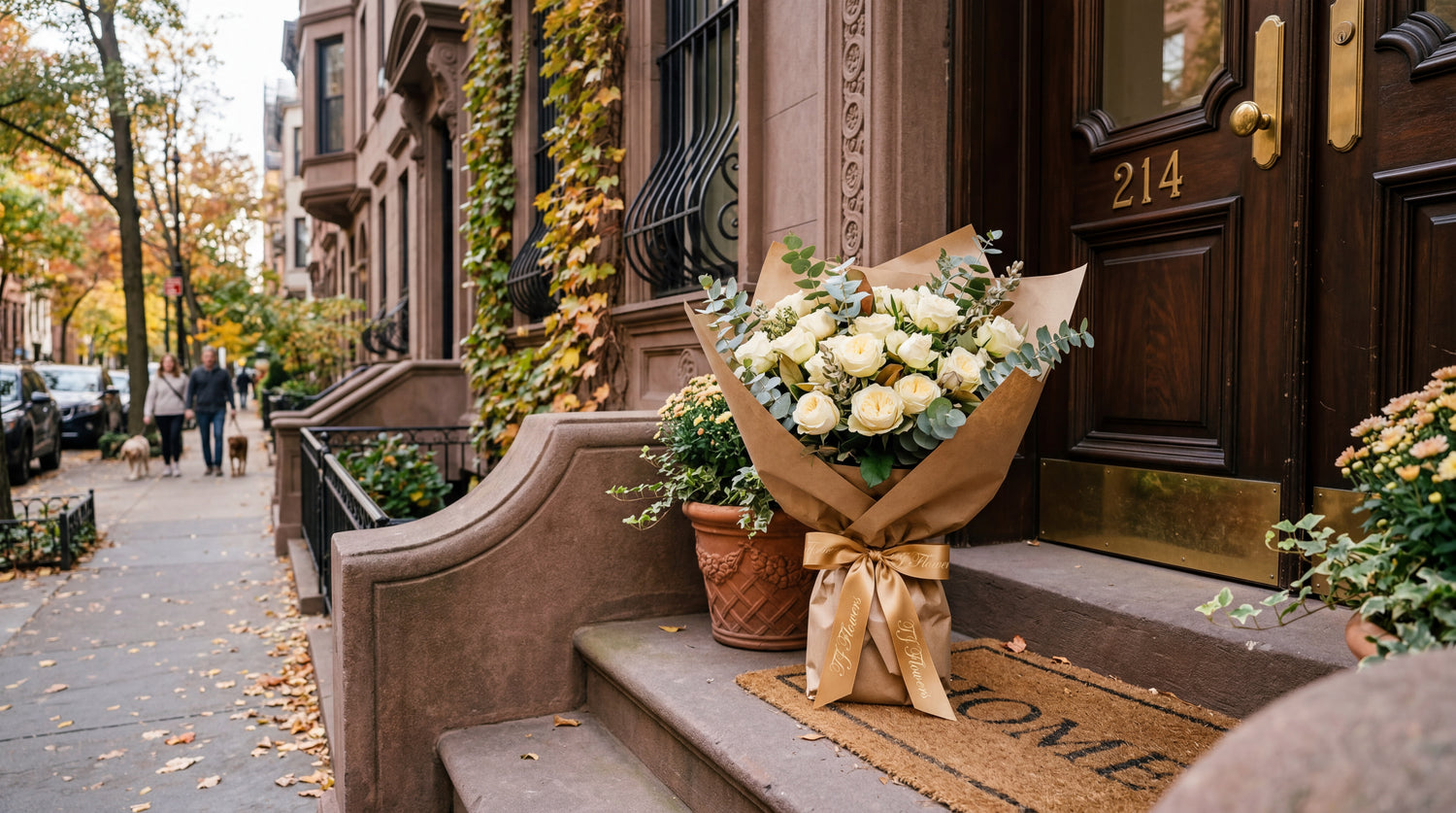 Luxury white rose bouquet delivered to an NYC brownstone by TJ Flowers.