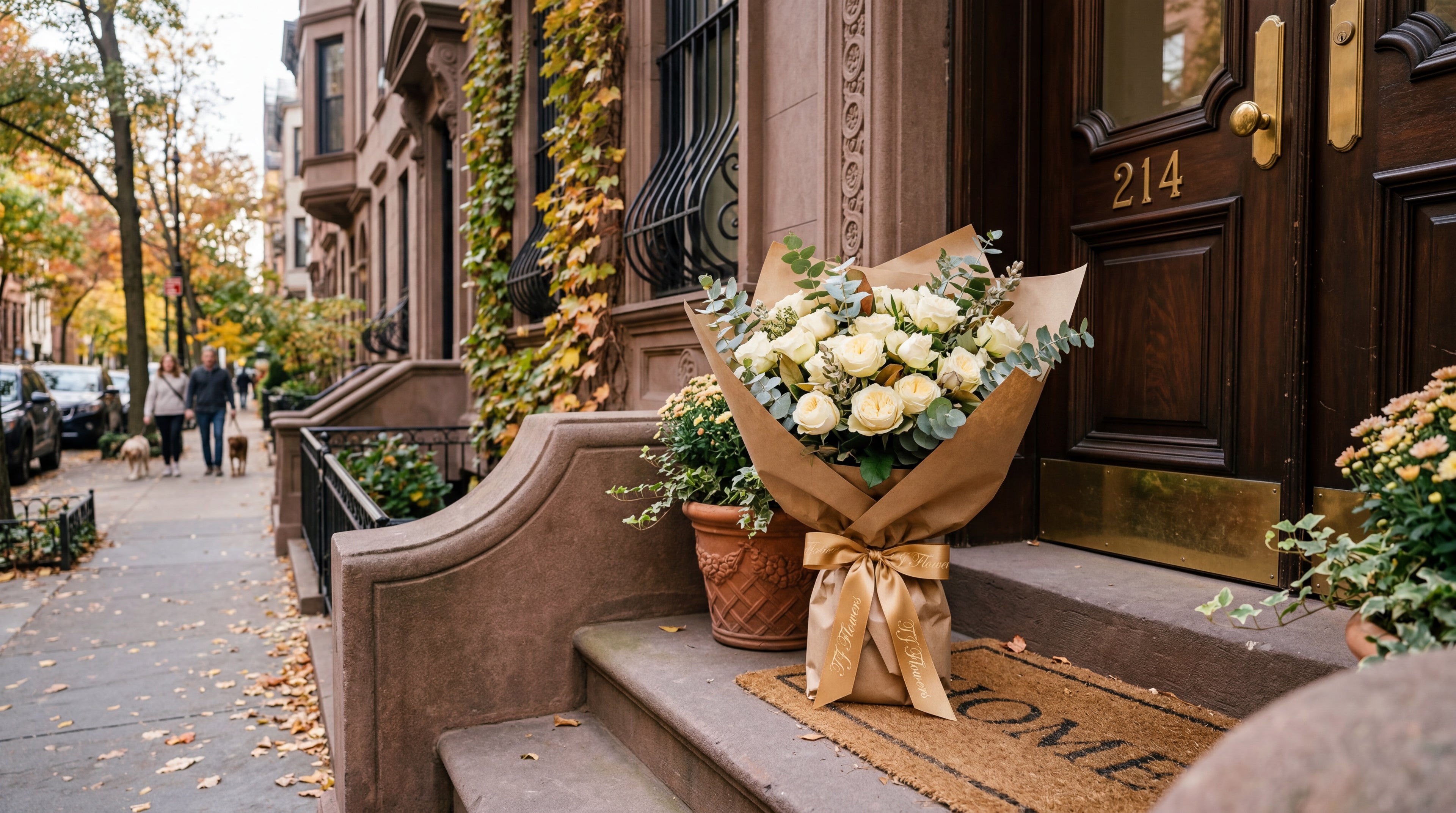 Luxury white rose bouquet delivered to an NYC brownstone by TJ Flowers.
