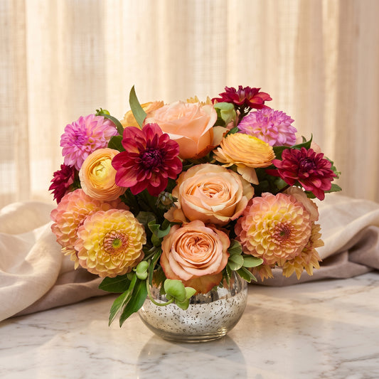 Peach garden roses with apricot ranunculus and golden and crimson dahlias - TJ Flowers NYC