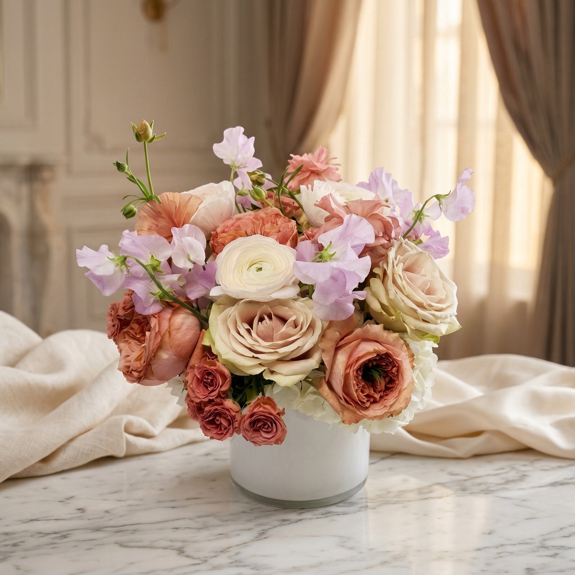 Pastel rose, ranunculus, and sweet pea bouquet in a white vase on a marble table - TJ Flowers NYC