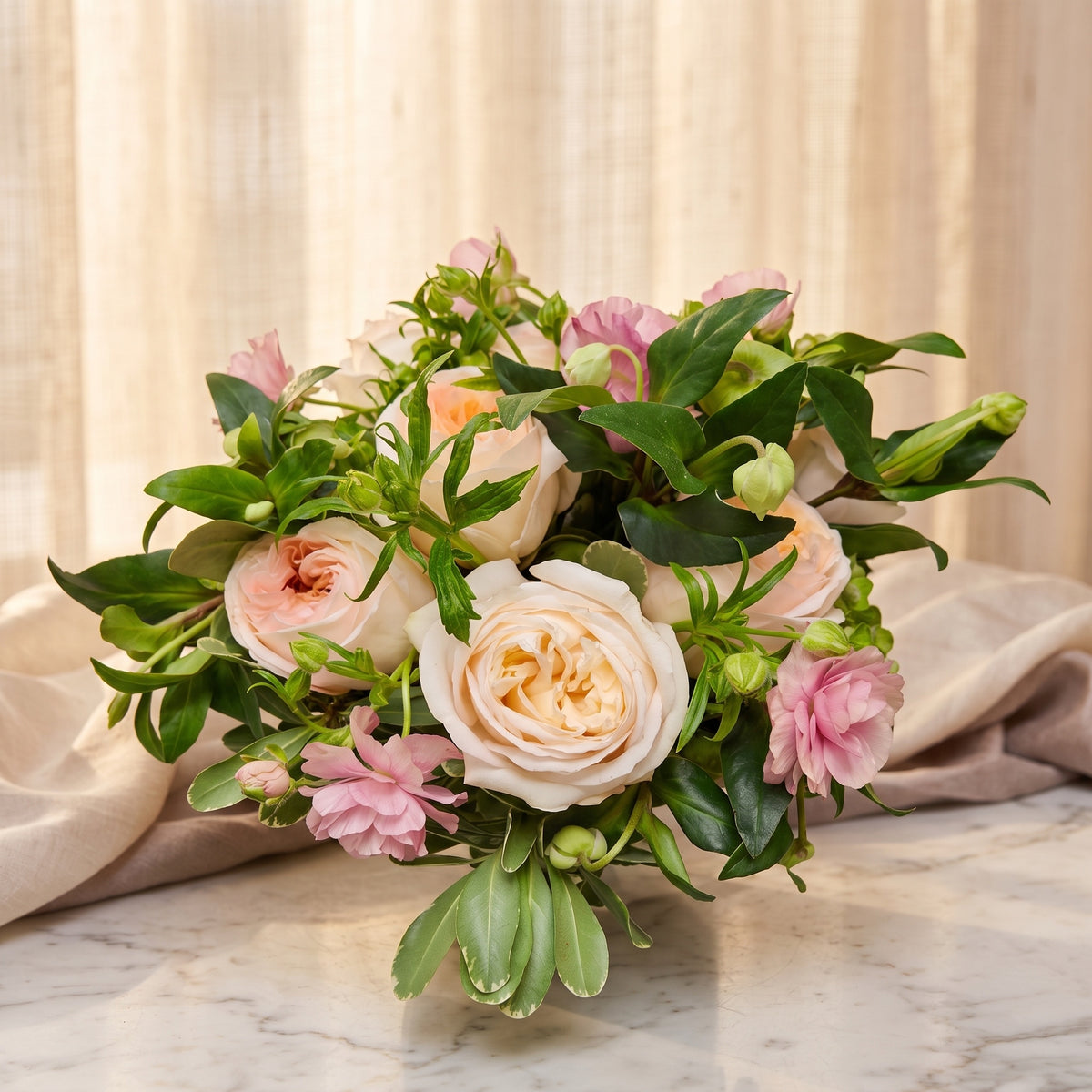 Blush and champagne garden roses with pink spray roses and fresh greenery - TJ Flowers NYC