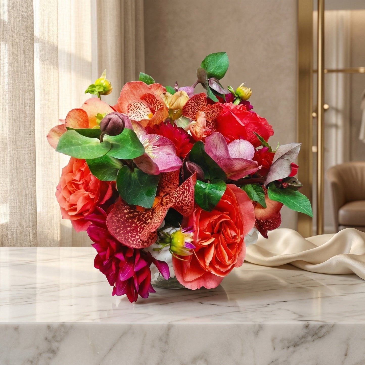 Vibrant red and orange roses, spotted orchids, and hellebores in a glass vase on marble - TJ Flowers NYC