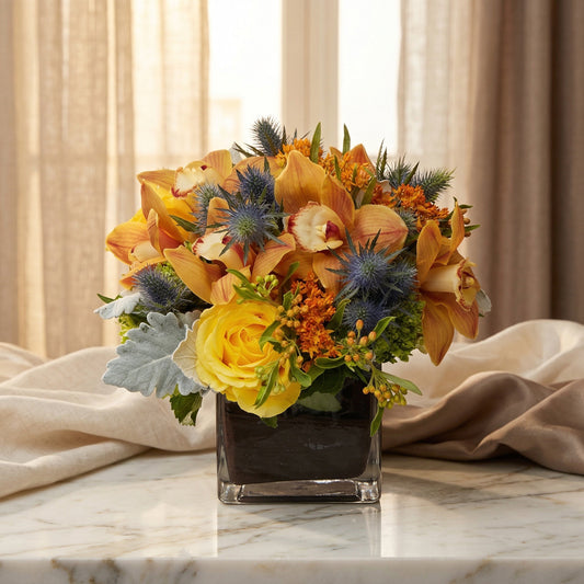 Yellow rose, orange orchids, and blue thistle in a square glass vase - TJ Flowers NYC