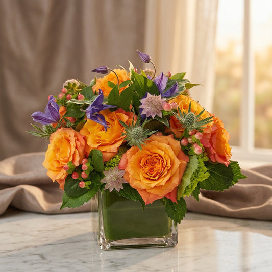 Orange roses, purple clematis, and blue thistle in a square glass vase - TJ Flowers NYC