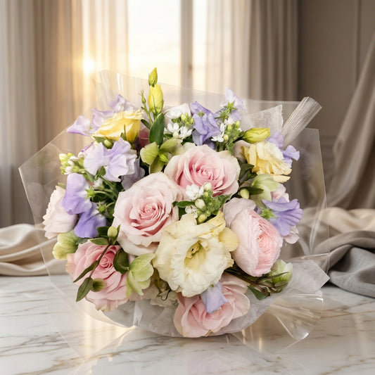 Pastel bouquet with pink roses, lavender sweet peas, and cream lisianthus in clear wrap - TJ Flowers NYC