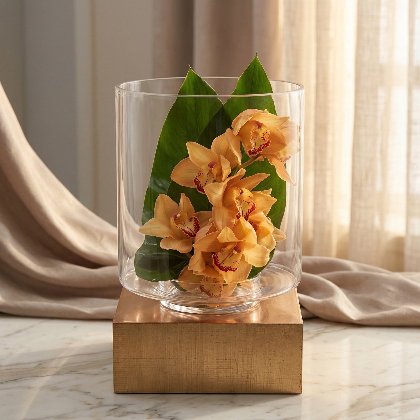 Peach cymbidium orchids and green leaves in a clear glass cylinder vase on a gold base - TJ Flowers NYC