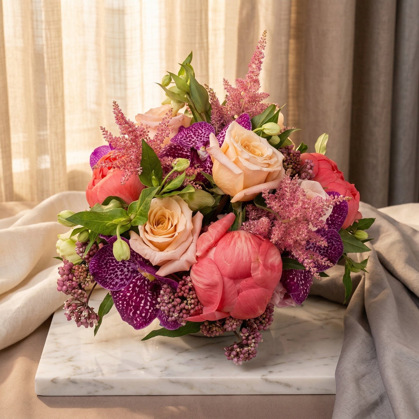 Mixed bouquet with peach roses, pink peonies, and purple orchids on a marble slab - TJ Flowers NYC