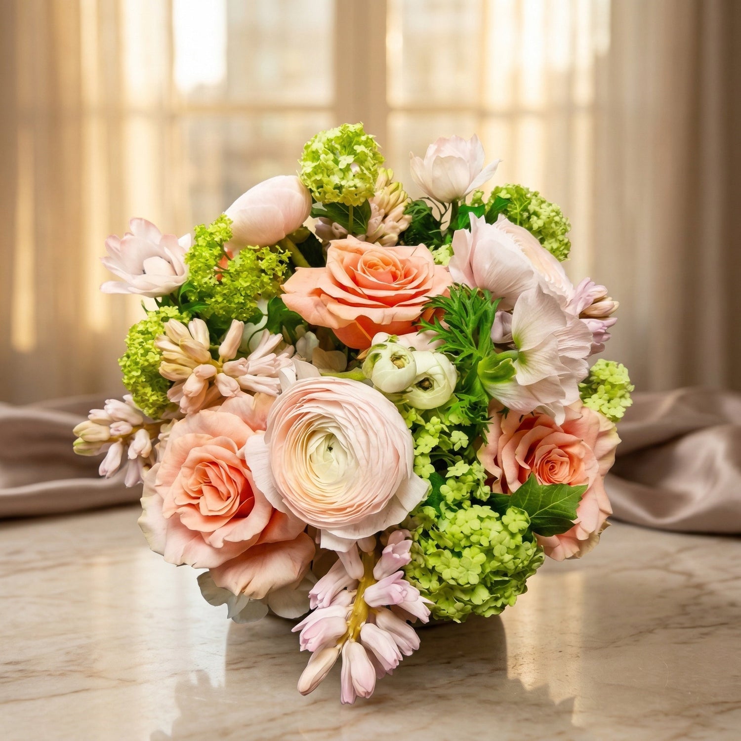 Pastel peach roses, pink ranunculus, and green hydrangeas in a low vase - TJ Flowers NYC