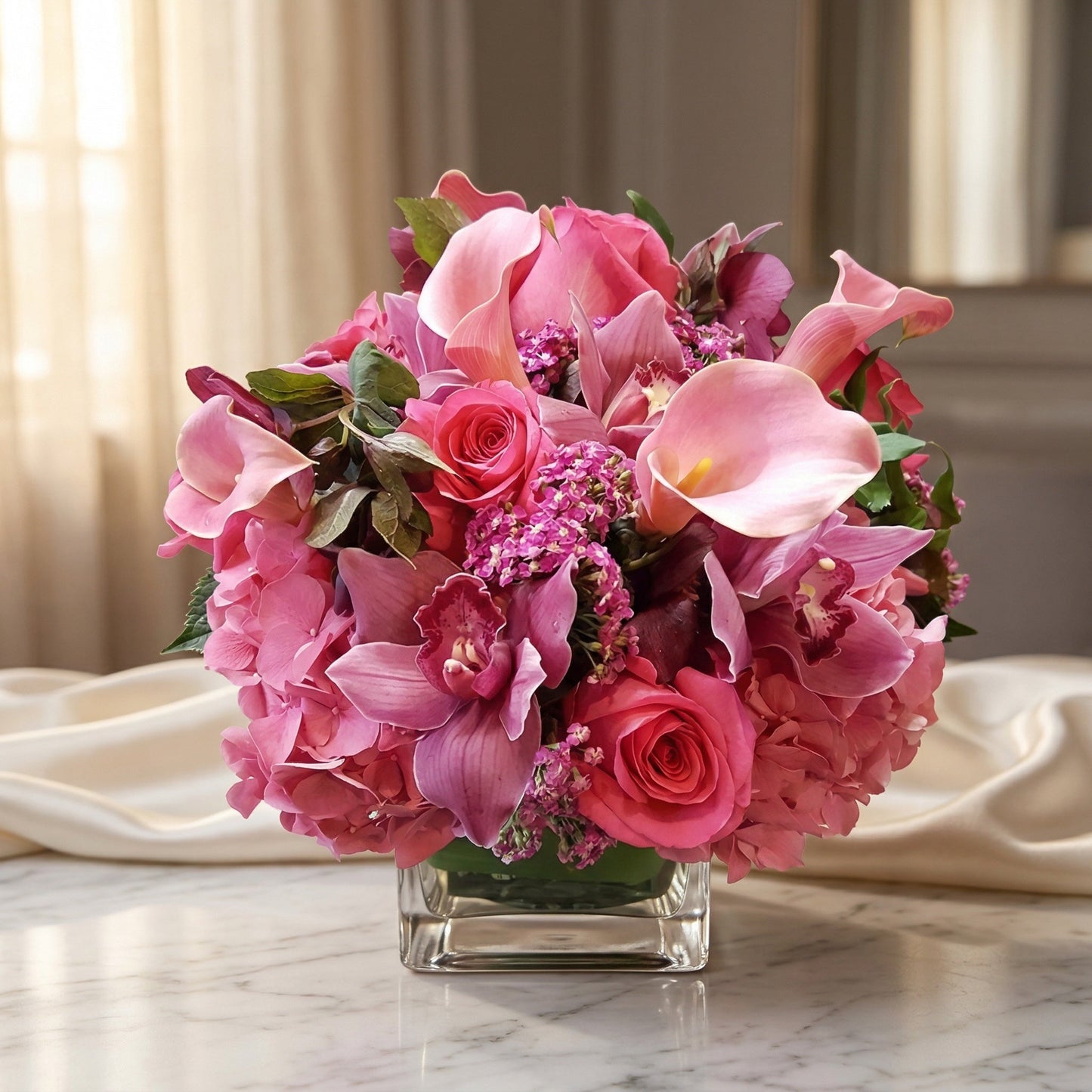 Pink roses, orchids, calla lilies, and hydrangeas in a square glass vase - TJ Flowers NYC
