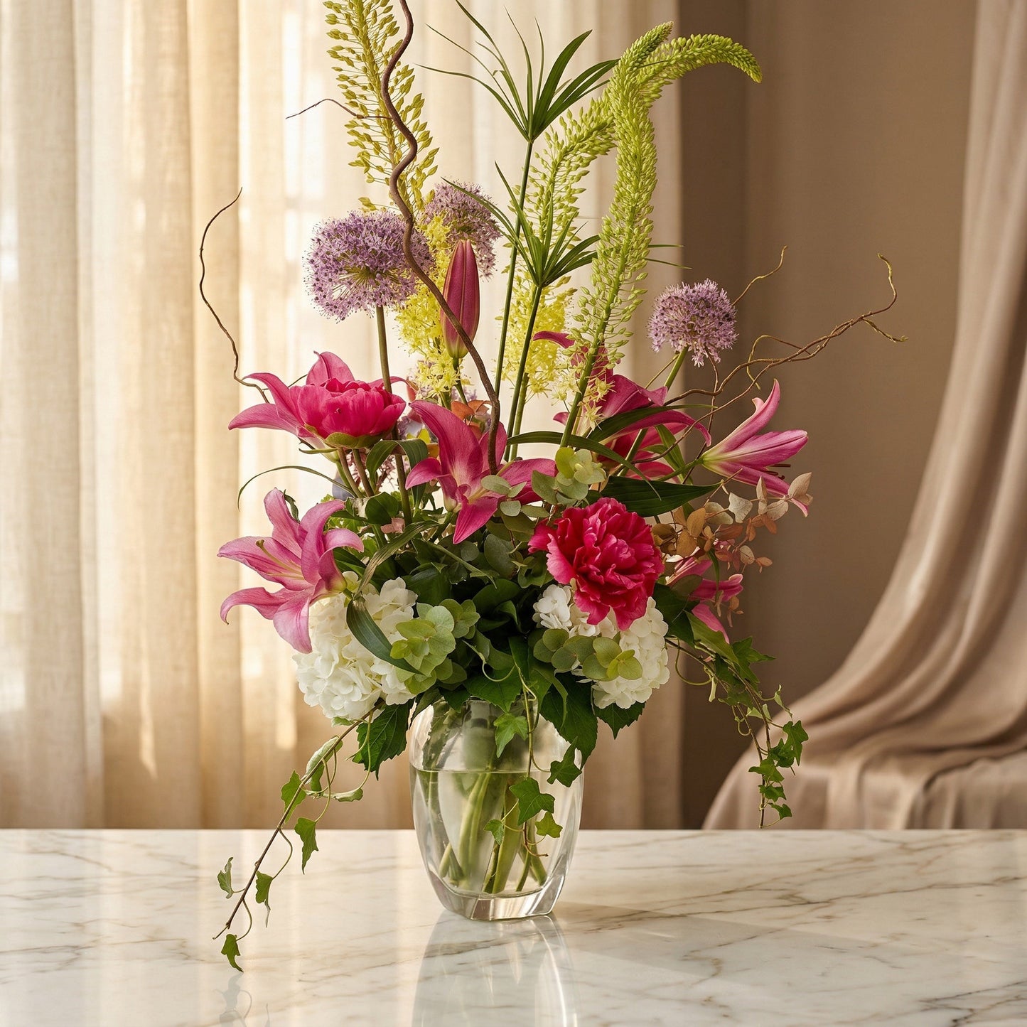 Tall arrangement with pink lilies, purple allium, and white hydrangeas in a clear glass vase - TJ Flowers NYC