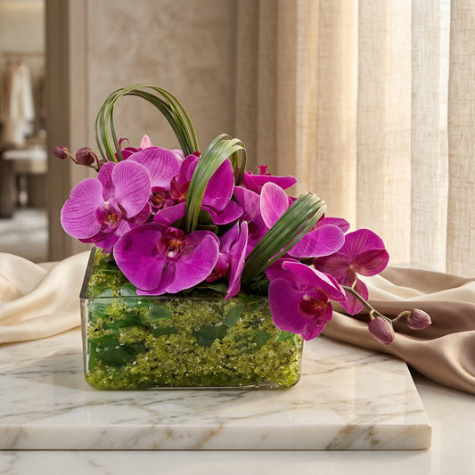 Vibrant magenta phalaenopsis orchids in a modern glass cube with green decorative stones. - TJ Flowers NYC