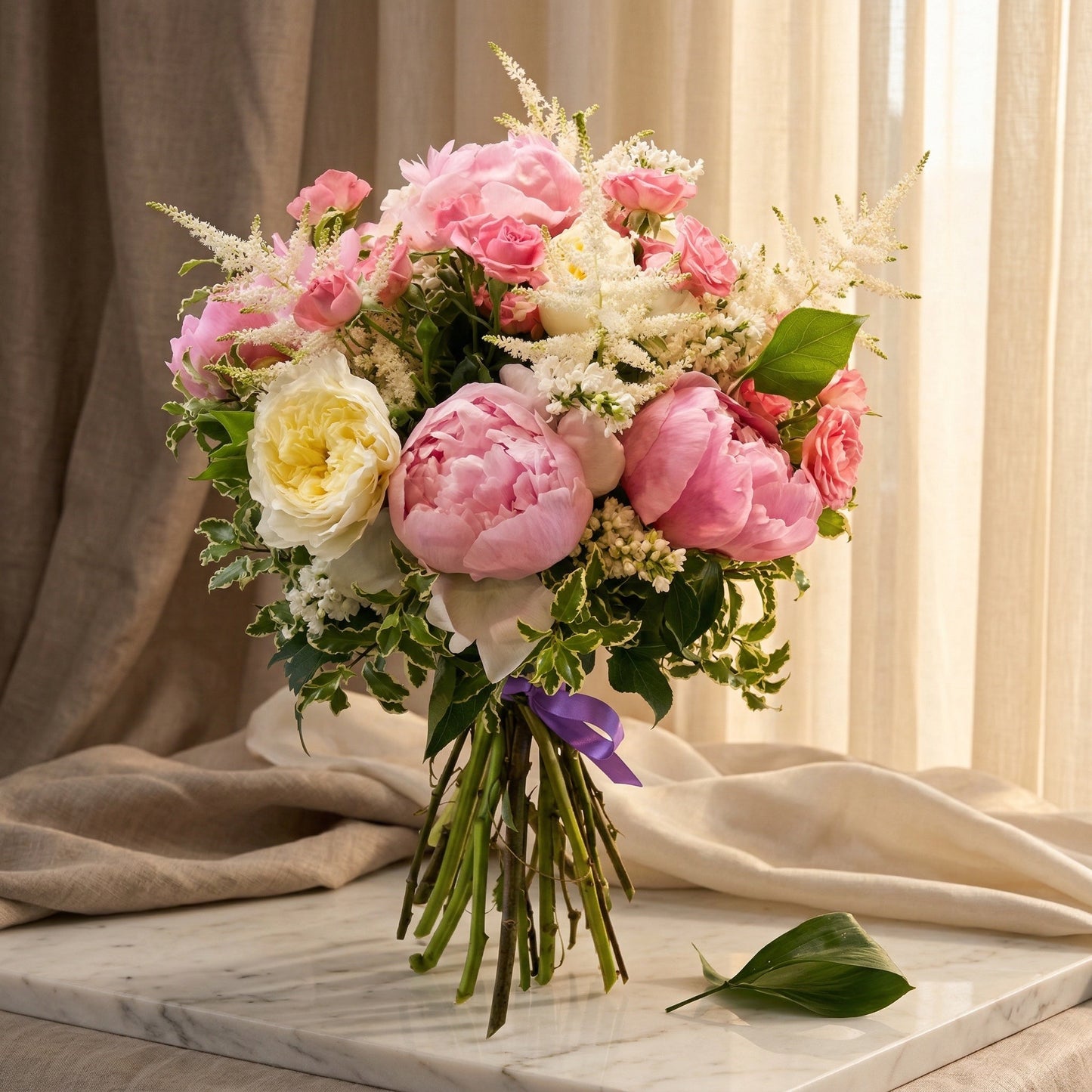 Pastel pink peonies and cream roses in a hand-tied bouquet with a purple ribbon - TJ Flowers NYC