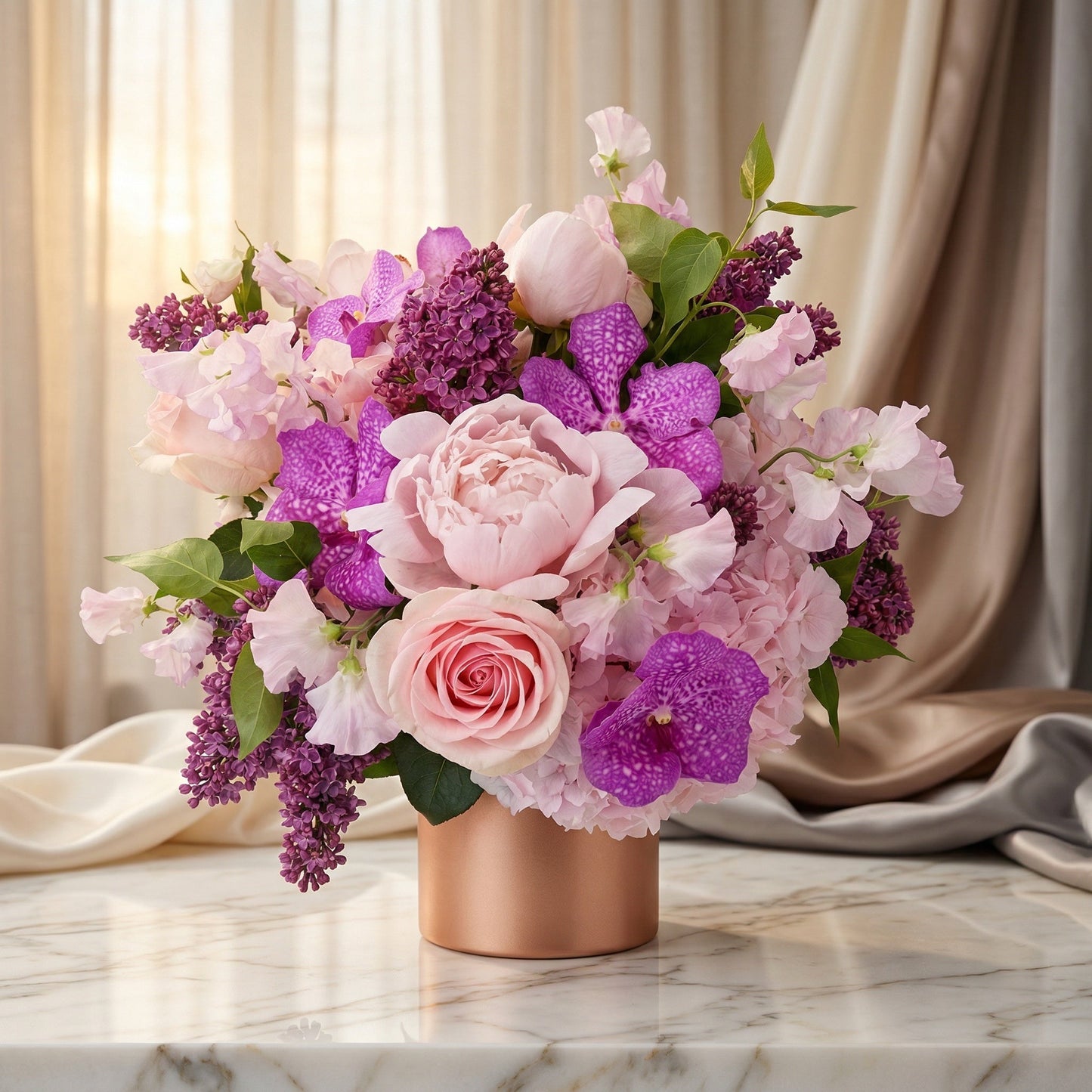 Pink peonies, purple orchids, and lilac in a copper vase - TJ Flowers NYC
