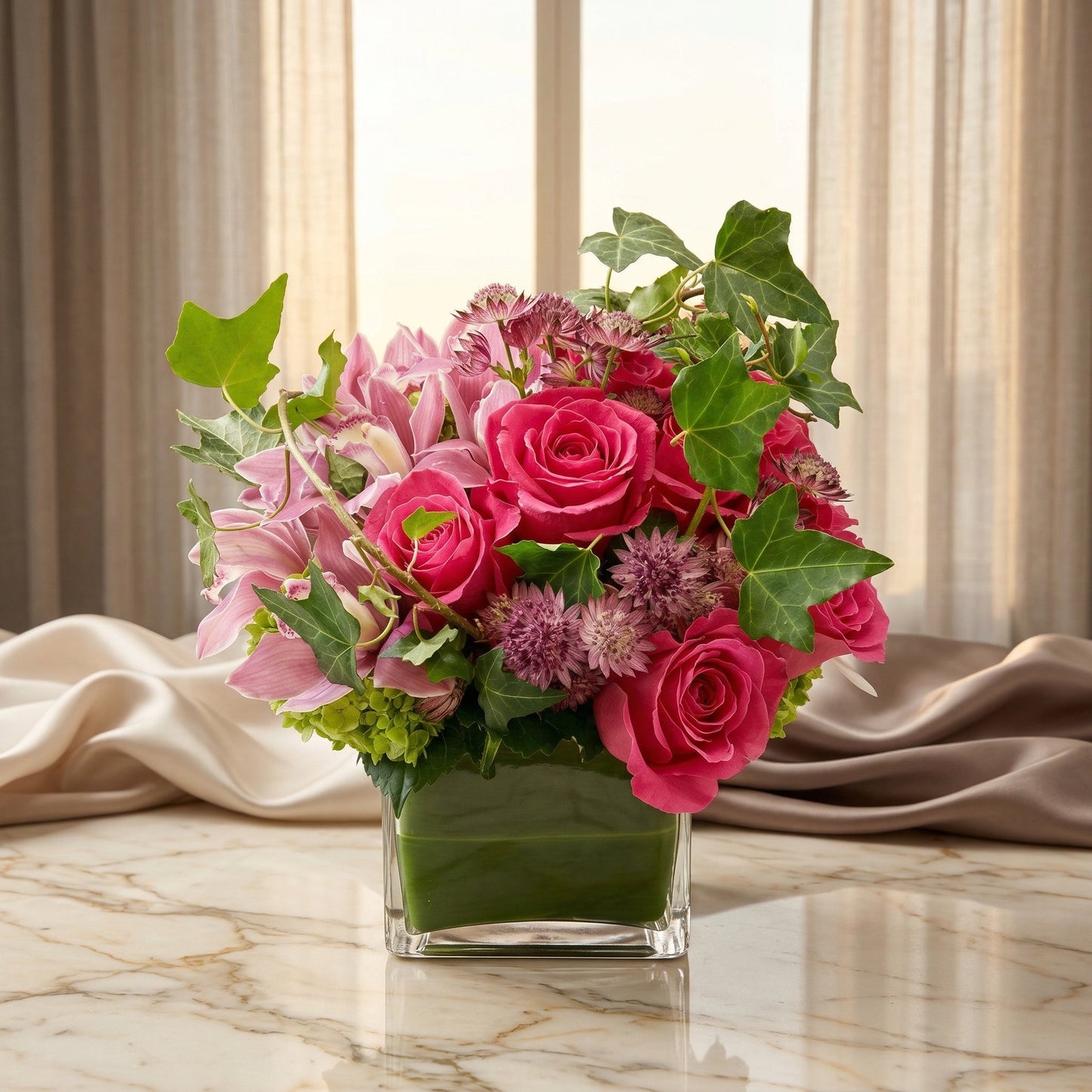 Hot pink roses and light pink orchids in a modern glass cube vase with ivy accents - TJ Flowers NYC