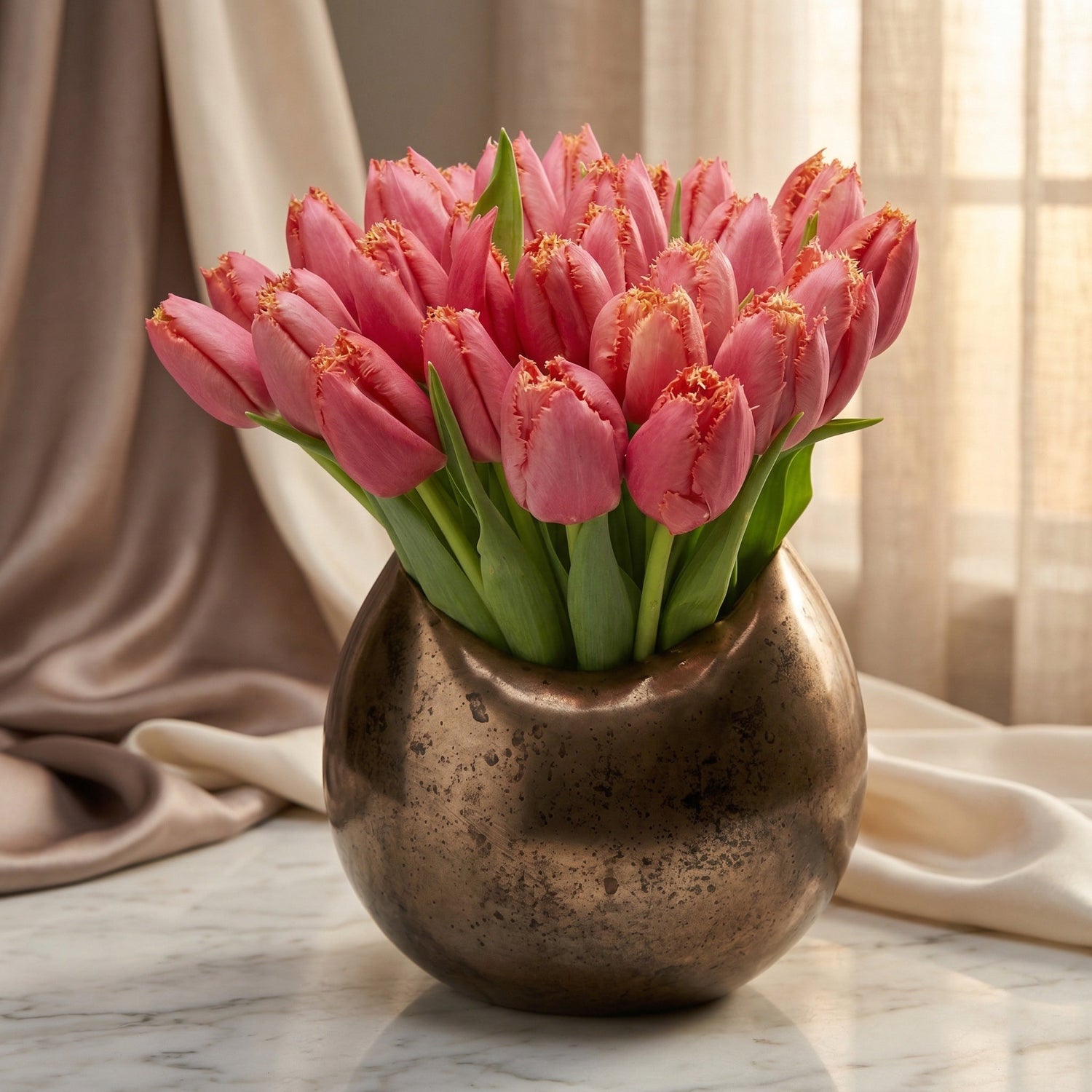 A bouquet of pink fringed tulips in a round bronze vase on a marble table. - TJ Flowers NYC