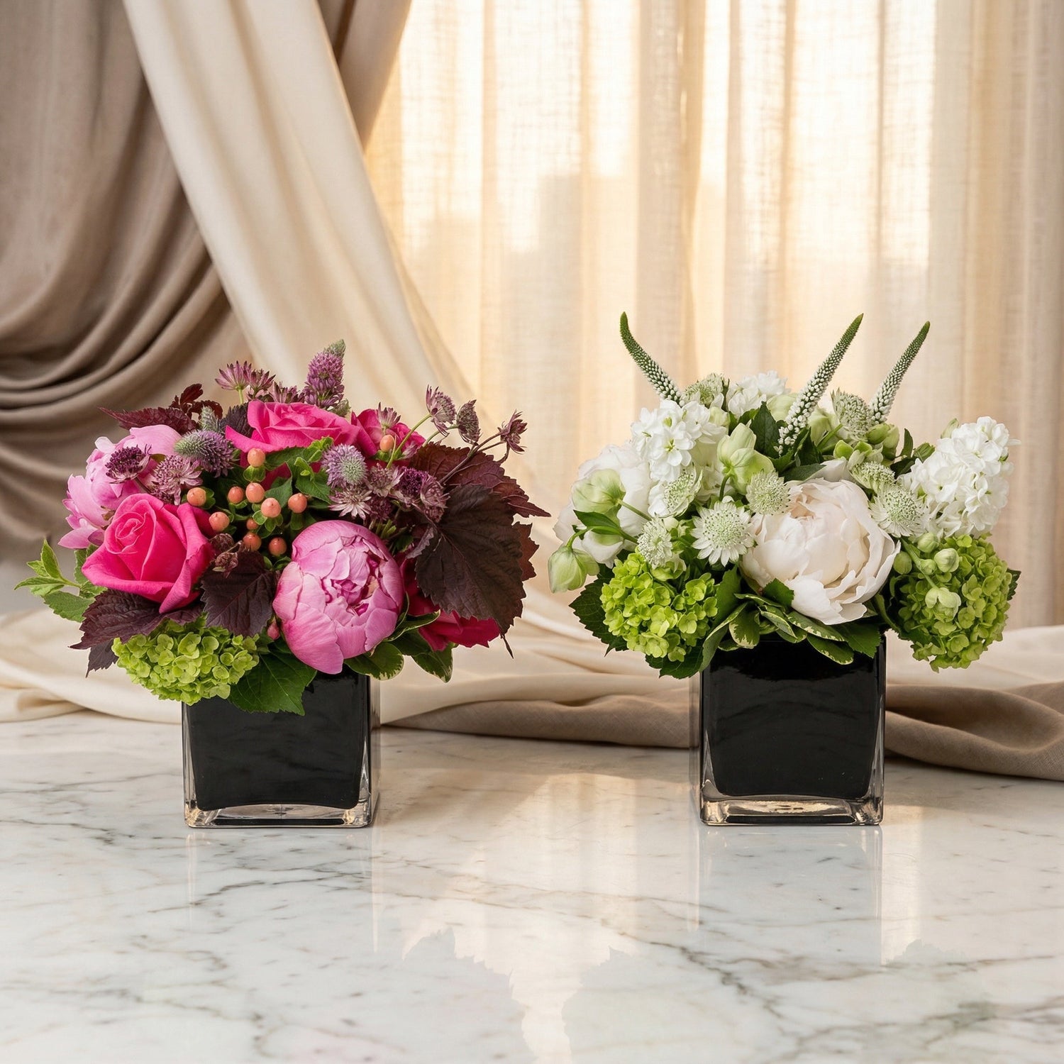 Pink and white mixed bouquets with peonies and roses in black cube vases - TJ Flowers NYC