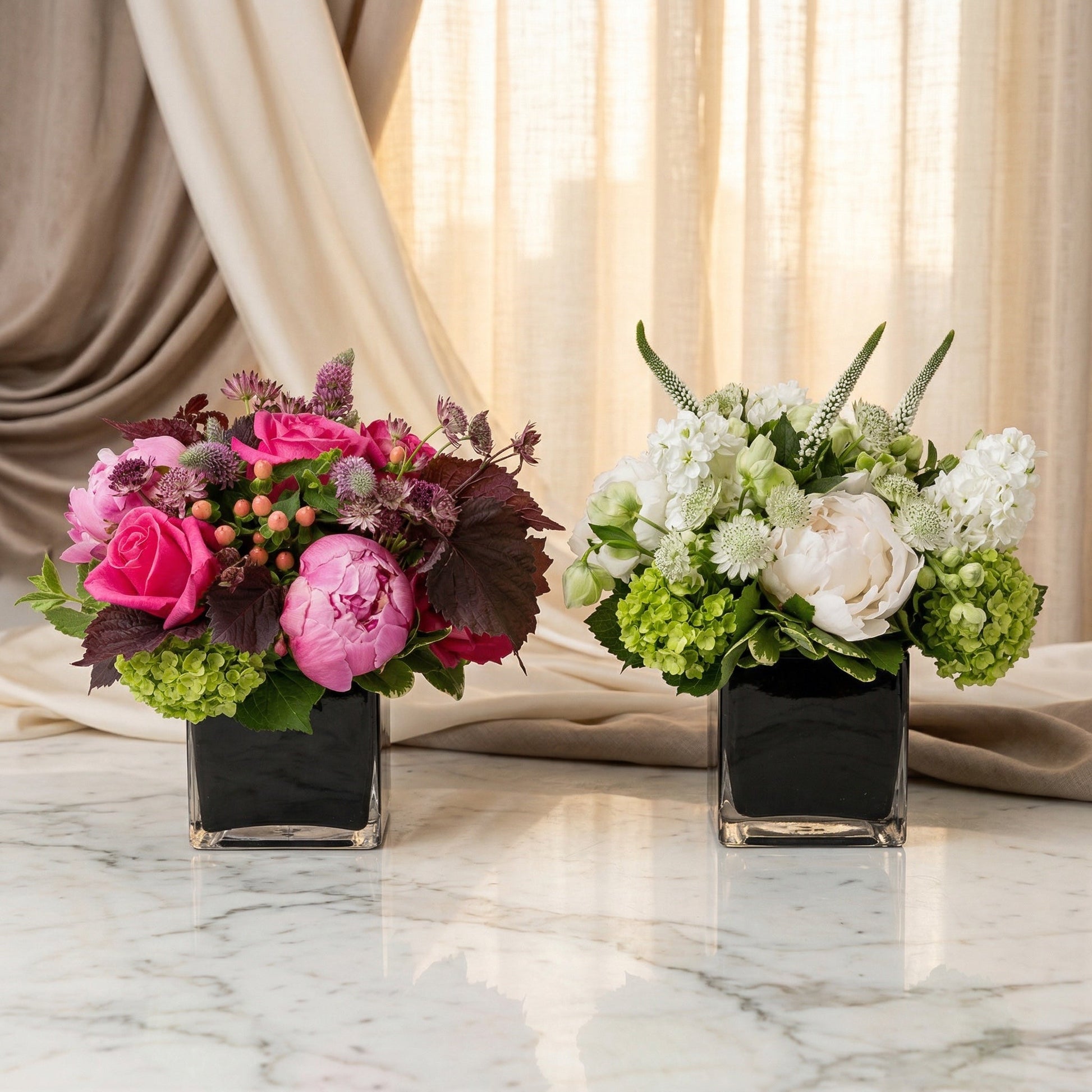 Pink and white mixed bouquets with peonies and roses in black cube vases - TJ Flowers NYC