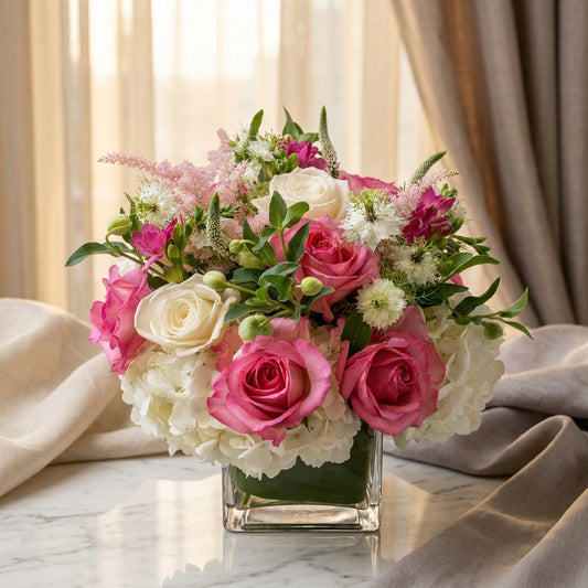 Pink and white roses with hydrangeas in a square glass vase - TJ Flowers NYC