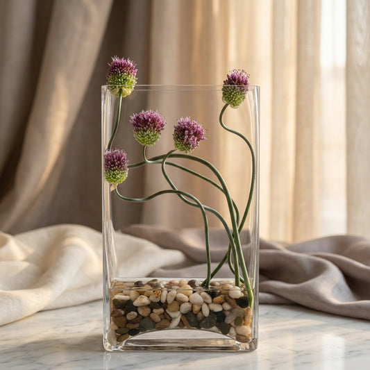 Purple allium flowers with curved stems in a clear glass vase with river stones - TJ Flowers NYC