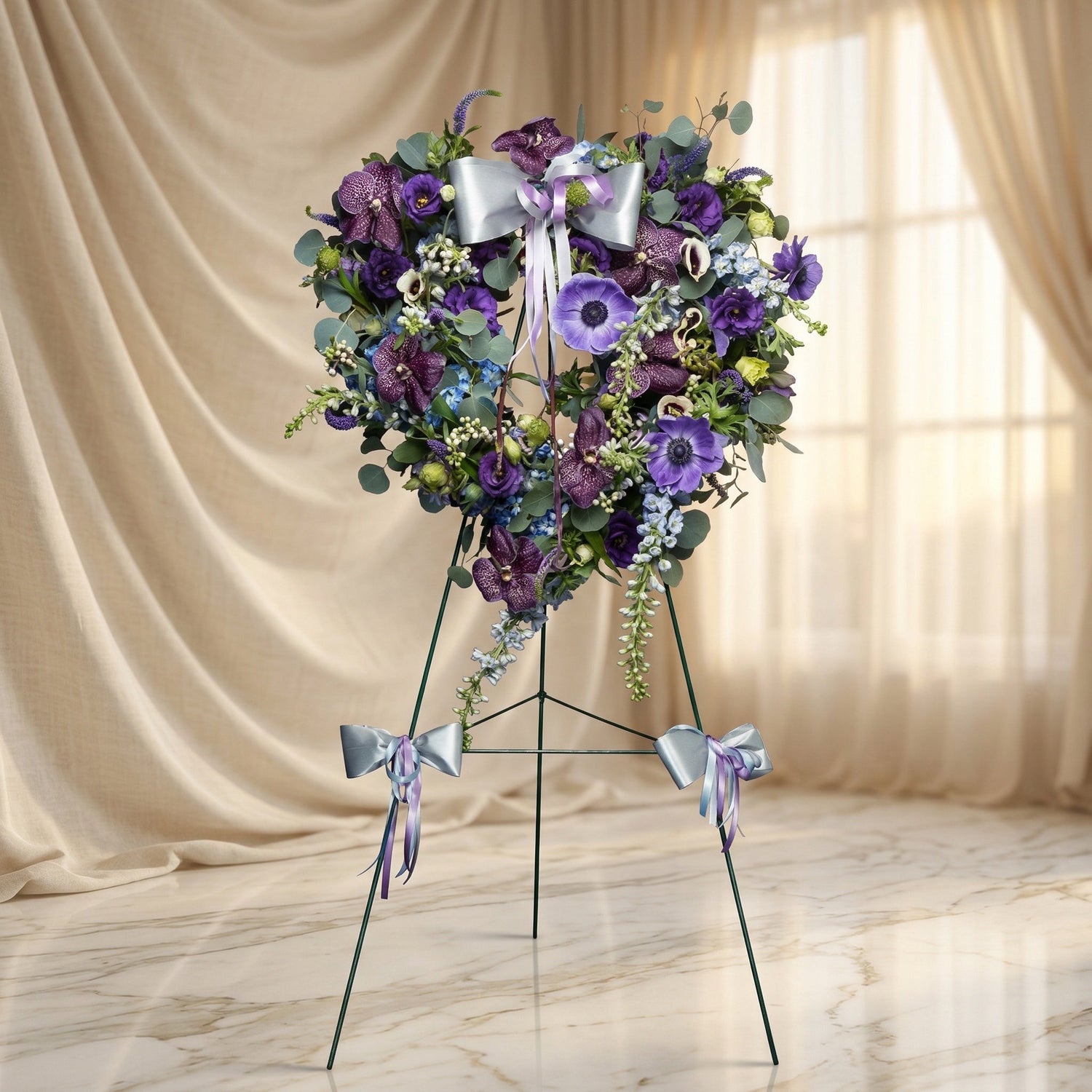 Heart-shaped purple orchid and anemone funeral wreath on a wire stand with silver bows - TJ Flowers NYC